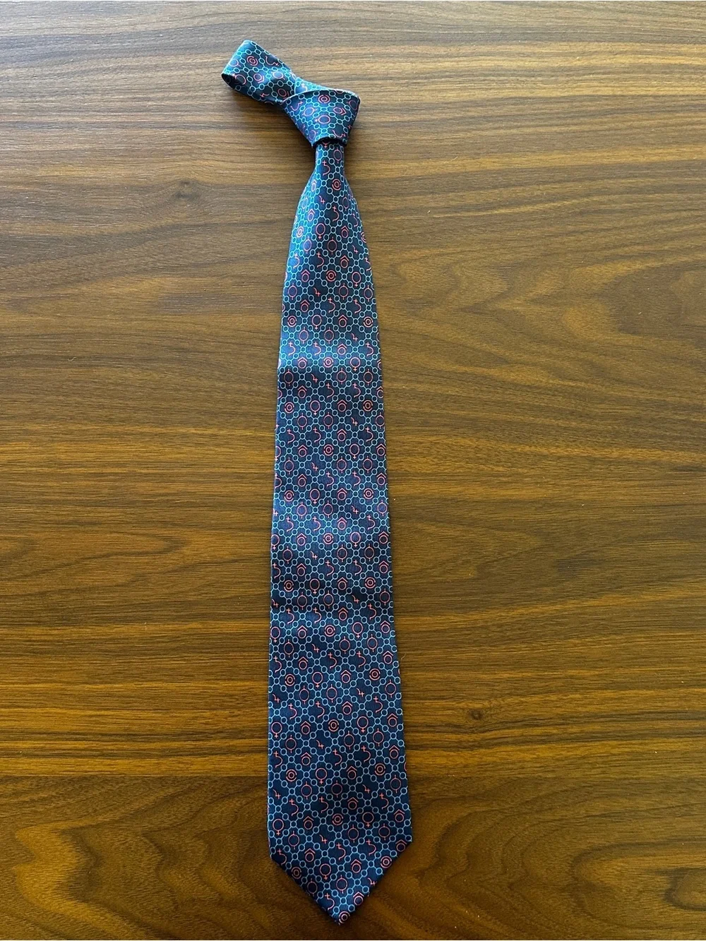 Drakes Navy Blue Patterned Tie with Red & Teal Accents